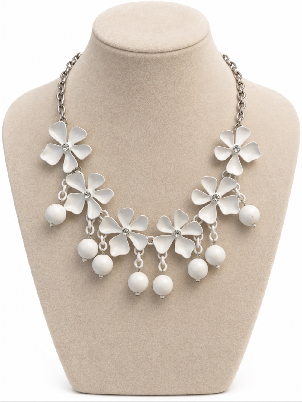 White Floral Statement Necklace with Rhinestone Centers & Bead Drops